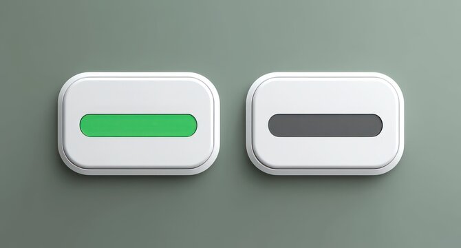two rounded rectangular white toggle buttons with a green active indicator and a gray inactive indicator on a muted green background, calm minimalist design
