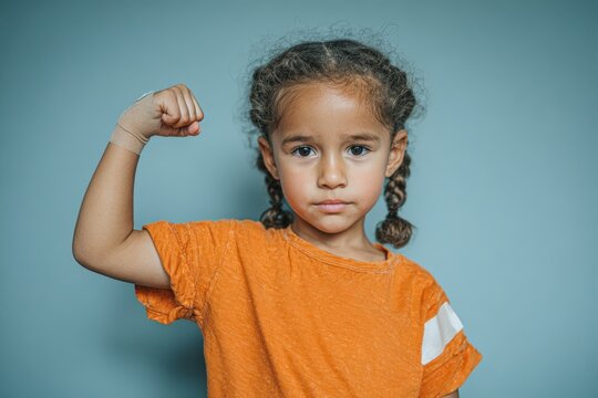 Young girl with braided hair in orange shirt flexes her arm muscle against a blue background, showcasing strength and confidence in a playful manner