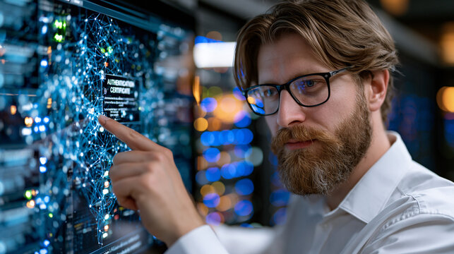 Blockchain verification engineer tracing supply chain data nodes on transparent touchscreen display mounted in server room, authentication certificates populating across interface, focused posture, 