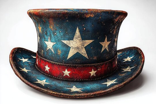worn vintage patriotic top hat painted blue with white stars and red star-studded band, distressed and weathered evoking nostalgic rugged pride