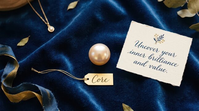 A Single Golden Pearl with 'Core' Tag on Blue Velvet