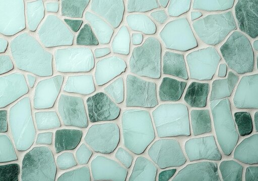 seafoam and mint green irregular stone mosaic with beige grout creating a calm soothing abstract textured background