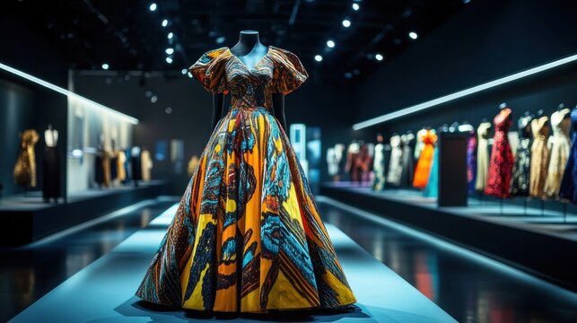 Vibrant patterned ball gown on a mannequin in a dimly lit museum gallery flanked by rows of evening dresses, evoking elegance, glamour, and quiet awe