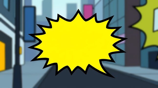 Yellow comic speech bubble over blurred city street.