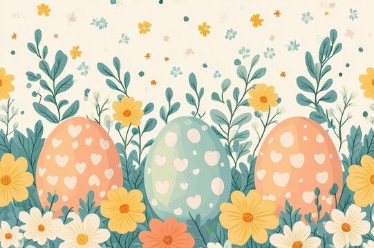 three pastel decorated eggs with heart patterns nestled among yellow, white and orange flowers and green leafy foliage on a cheerful spring background
