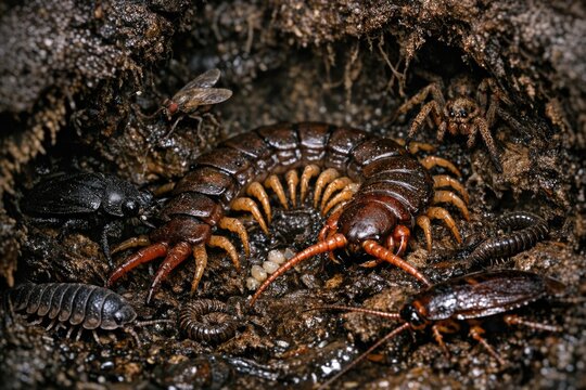 A close-up view of various types of bugs and insects found in the dirt