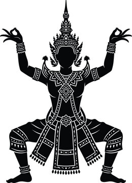 Black silhouette of a traditional Thai dancer in ornate costume performing a graceful dance pose