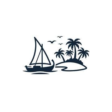 Silhouette of a traditional Maldivian dhoni sailboat sailing past a tropical island with palm trees.