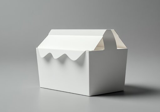 white paper gable takeaway box with scalloped awning flap and handle on neutral background, minimal and inviting