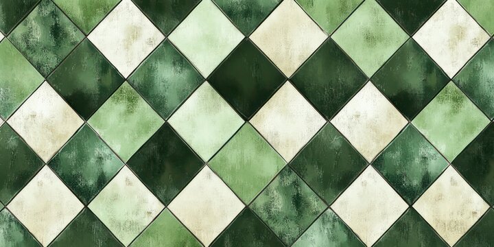 weathered green and cream diamond tile pattern with grunge texture and nostalgic vintage mood
