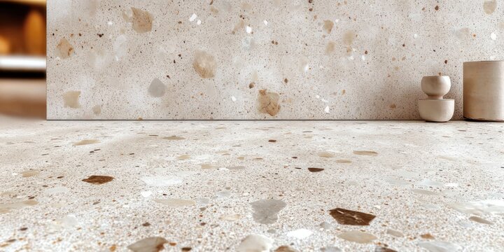 Minimalist beige terrazzo floor and wall with scattered stone chips and two stacked ceramic bowls conveying calm modern interior