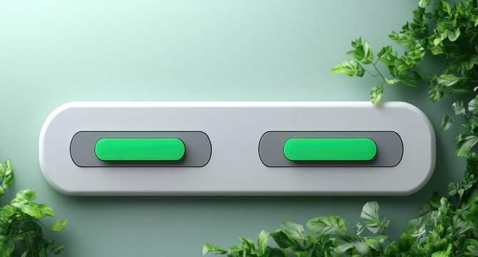 minimalist white control panel with two green toggle sliders on gray tracks surrounded by lush green leaves conveying a calm fresh eco-friendly modern vibe