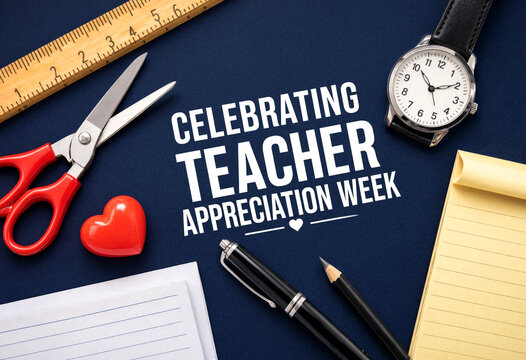 Celebrating teacher appreciation week with scissors ruler pen and watch on dark background
