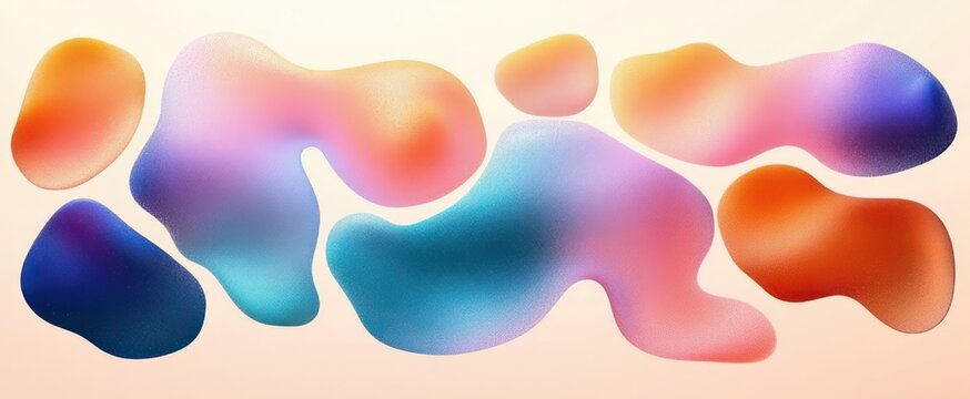 Floating colorful amorphous gradient blobs with speckled texture on a soft peach background, playful dreamy modern abstract composition