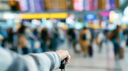 Fototapeta premium Close-up of a person's hand holding a luggage handle in a busy, blurred airport terminal