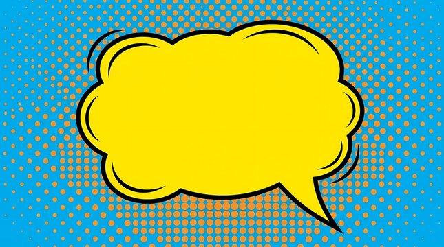 Yellow comic speech bubble on blue halftone background
