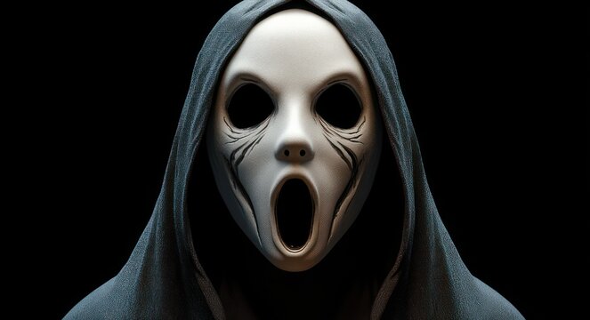hooded figure with concealed face under dark cloak in dramatic low light, evoking mystery and anonymity