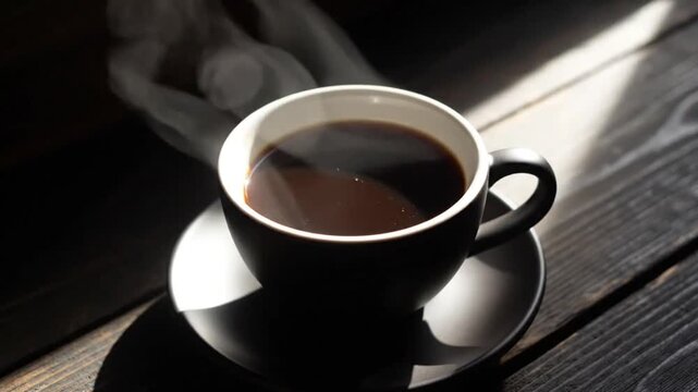 Steaming Coffee Cup on Wooden Table: A dark, steaming cup of coffee sits on a rustic wooden table, with shafts of sunlight illuminating the rising steam, evoking warmth and comfort.
