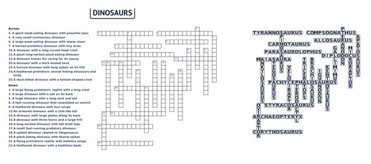 Dinosaur crossword puzzle on white background, detailed dinosaur crossword puzzle with clues and answers provides educational content. © Arra Vais