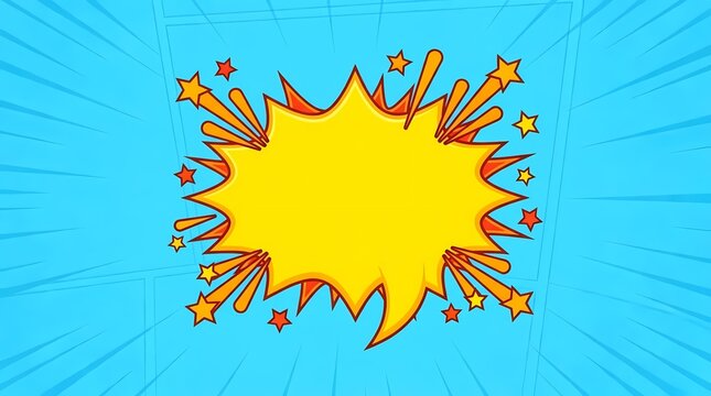Yellow comic speech bubble on blue sunburst background.