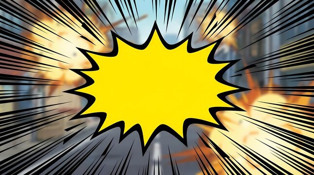 Yellow comic speech bubble with dynamic action lines