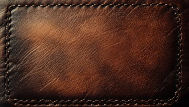 close-up of a rectangular brown leather patch with visible stitching and rich worn grain evoking a warm rustic vintage feeling