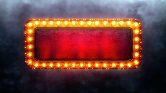 vintage illuminated marquee sign with glowing bulbs and blank red textured panel, dramatic smoky background conveying theatrical anticipation and retro glamour