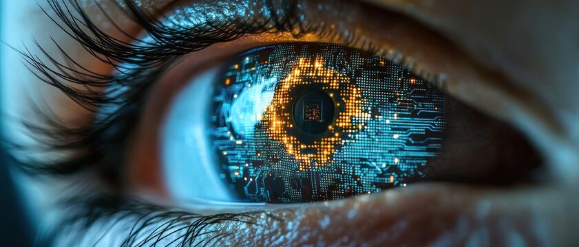 close-up of a human eye with glowing blue and orange microchip circuitry in the iris, visible eyelashes and skin, evoking futuristic curiosity and awe