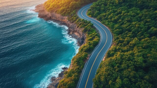 Aerial view of a sunlit winding coastal road hugging rocky cliffs and dense green forest above turquoise ocean, evoking serene adventure