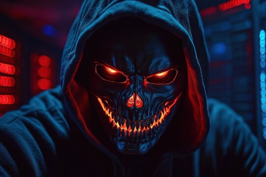 Hooded figure in a dark hoodie among glowing server racks with red and blue lights, creating a mysterious and ominous mood