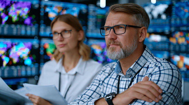 Logistics data analytics team reviewing real time freight network performance across wall mounted display grid at operations center, key performance indicators visible across transport modes, shift 