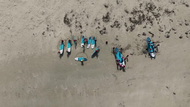 Aerial view of a Standup Paddle group at Narin Beach by Portnoo in County Donegal, Ireland