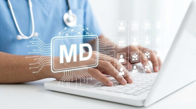 Telemedicine, digital health, remote healthcare concept with doctor using virtual medical interface.