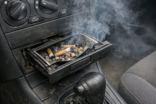 A cigarette in a tray inside a vehicle