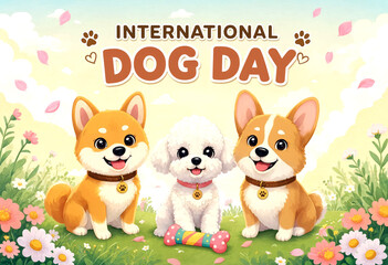 Fototapeta premium Cute cartoon puppies celebrating international dog day with flowers and cheerful expressions in a garden scene