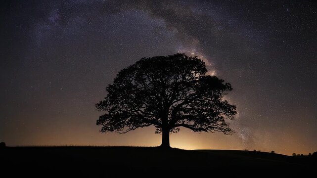 Majestic tree silhouetted against glowing sunset horizon with vibrant sky and peaceful natural landscape