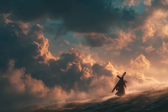 Individual carrying a wooden cross walks through a dramatic landscape with clouds and sunlight breaking through, creating a powerful visual scene of perseverance and faith