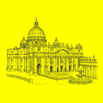 Hand Drawn St. Peter's Basilica Line Art Sketch, Vatican City Architectural Illustration, Historic Catholic Church Black and White Ink Drawing, Detailed Religious Landmark Vector Style Artwork, Vintag