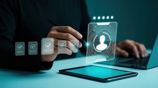 Biometric authentication, digital identity, cybersecurity concept with fingerprint interface on tablet.