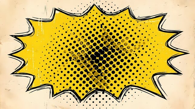 Yellow halftone comic burst bubble on vintage background.
