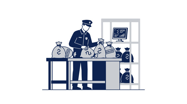 Customs Officer Inspecting Bags of Money at Border Control