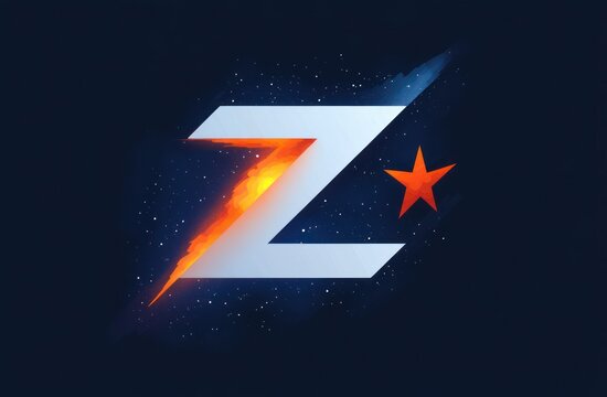 Bold metallic letter Z with a fiery diagonal slash and glowing orange star against a dark starry background, evoking dynamic energy and cosmic motion