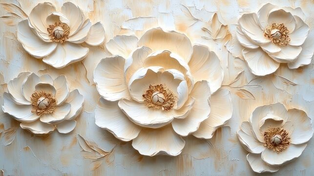 Five large layered cream blooms in a three-dimensional floral wall relief with textured neutral background, delicate petals and a serene elegant mood