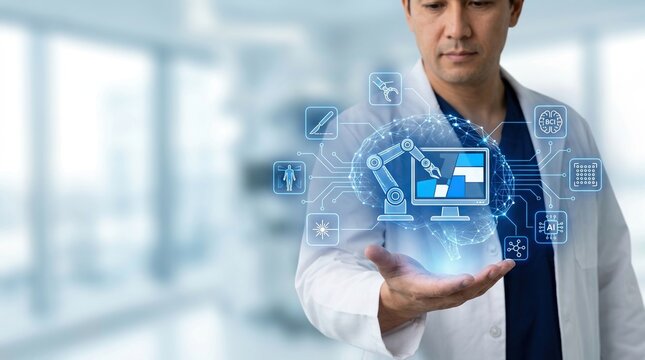 AI surgery, medical technology, smart healthcare concept with surgeon displaying artificial intelligence interface.