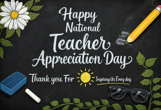 Happy national teacher appreciation day chalkboard design with flowers and school supplies illustration