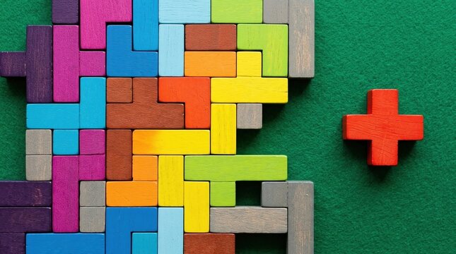 Problem solving, teamwork, strategy concept with colorful wooden puzzle pieces on clean background.