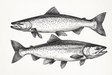 Naklejka premium Two detailed black-and-white ink illustrations of spotted fish with scales, fins, and tails on a white background, facing opposite directions, calm observational study