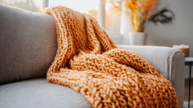 cozy living room with a chunky orange knitted throw draped over a gray sofa in warm window light, dried floral arrangement in vase, inviting and relaxed atmosphere