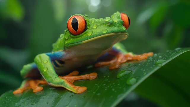 Vibrant red eyed tree frog perched on wet green leaf with glistening water droplets in natural habitat