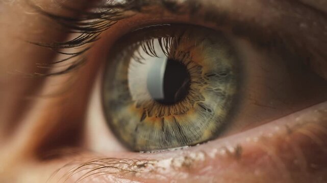 Close up of a green and brown human eye with intricate iris patterns detailed natural eye texture